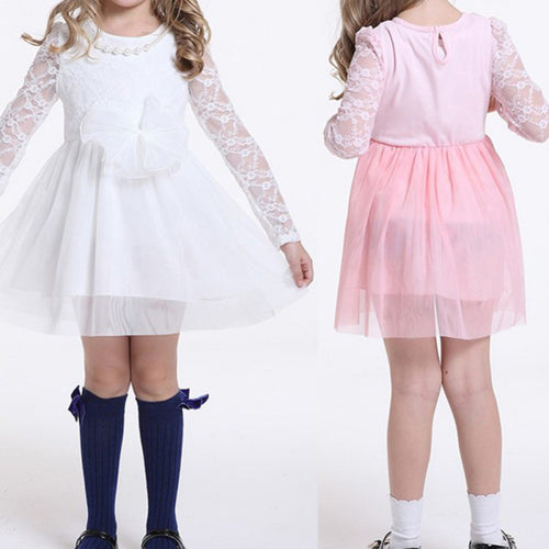 Kids Baby Girls Lace Dress Long Sleeve Princess Party Dresses Pearl Necklace 2-6 Y