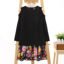 2-7Y Girls Clothing Sets 2pcs Black Long Sleeve Shoulder Off Top + Floral Skirt Baby Clothes Dress