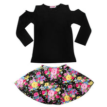 2-7Y Girls Clothing Sets 2pcs Black Long Sleeve Shoulder Off Top + Floral Skirt Baby Clothes Dress