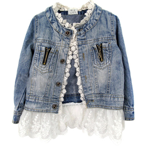 2-7Years Jean Jacket Girls Kids Denim Lace Coat Long Sleeve Botton Children Outwear Clothes