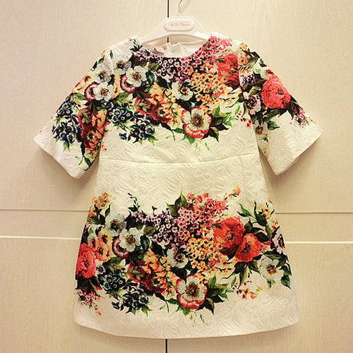 2-7Years One-piece Kids Girls Dress Vintage Floral Print 3/4 Sleeve Baby Mini Dresses