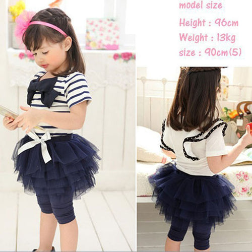 2 Pieces Kid Girls Clothes Set Stripe Bow Top T-shirt + Tutu Skirt Leggings Culottes Outfit Clothing Sets