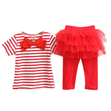 2 Pieces Kid Girls Clothes Set Stripe Bow Top T-shirt + Tutu Skirt Leggings Culottes Outfit Clothing Sets