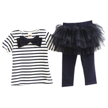 2 Pieces Kid Girls Clothes Set Stripe Bow Top T-shirt + Tutu Skirt Leggings Culottes Outfit Clothing Sets