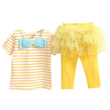 2 Pieces Kid Girls Clothes Set Stripe Bow Top T-shirt + Tutu Skirt Leggings Culottes Outfit Clothing Sets