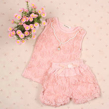 2 Pieces/set Kids Girls Clothes Sets Rose Flower Top Shirt + Bloomer Short Pants + Pearl Necklace Outfits