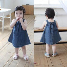 Cute Blue Solid Bow Cowboy Dress Children Kids Girls Strap Jean Denim Knee-Length Dresses LE2