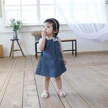 Cute Blue Solid Bow Cowboy Dress Children Kids Girls Strap Jean Denim Knee-Length Dresses LE2