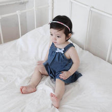 Cute Blue Solid Bow Cowboy Dress Children Kids Girls Strap Jean Denim Knee-Length Dresses LE2