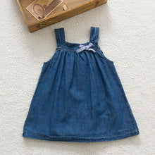 Cute Blue Solid Bow Cowboy Dress Children Kids Girls Strap Jean Denim Knee-Length Dresses LE2