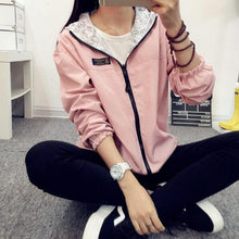 Women Bomber Basic Jacket Pocket Zipper Hooded Two Side Wear Coat Cartoon Print Outwear Loose Plus