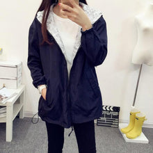 Women Bomber Basic Jacket Pocket Zipper Hooded Two Side Wear Coat Cartoon Print Outwear Loose Plus