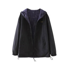 Women Bomber Basic Jacket Pocket Zipper Hooded Two Side Wear Coat Cartoon Print Outwear Loose Plus