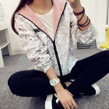 Women Bomber Basic Jacket Pocket Zipper Hooded Two Side Wear Coat Cartoon Print Outwear Loose Plus