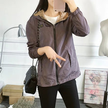 Women Bomber Basic Jacket Pocket Zipper Hooded Two Side Wear Coat Cartoon Print Outwear Loose Plus