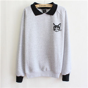 Women Lapel Neck Pullover Sweatshirt Cat Printed Loose Blouse Coat Clothes