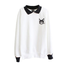Women Lapel Neck Pullover Sweatshirt Cat Printed Loose Blouse Coat Clothes