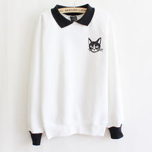 Women Lapel Neck Pullover Sweatshirt Cat Printed Loose Blouse Coat Clothes