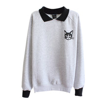 Women Lapel Neck Pullover Sweatshirt Cat Printed Loose Blouse Coat Clothes