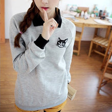 Women Lapel Neck Pullover Sweatshirt Cat Printed Loose Blouse Coat Clothes