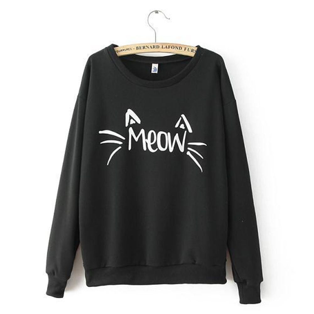 Women Casual Sweatshirts Long Sleeve Cute MEOW Print Shirts Tops Blouse