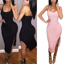 Style Sexy Dress Women Tank Dress Black Side Split Sleeveless Dress Mid-Calf Dresses
