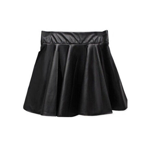 Women Ladies Faux Leather High Waist Skater Flared Pleated Short Mini Skirt LE2