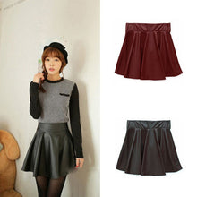 Women Ladies Faux Leather High Waist Skater Flared Pleated Short Mini Skirt LE2