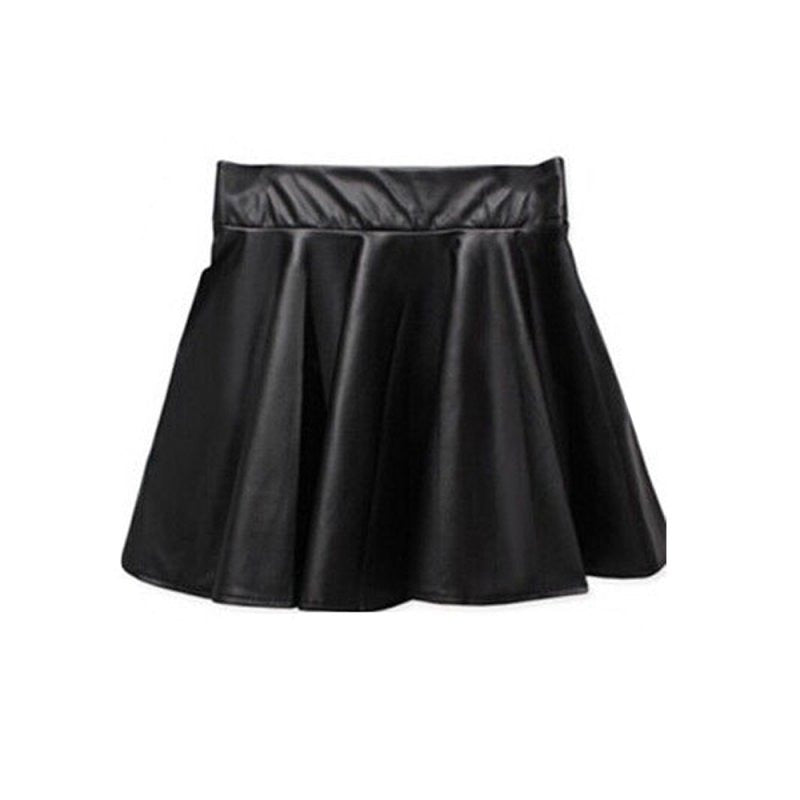 Women Ladies Faux Leather High Waist Skater Flared Pleated Short Mini Skirt LE2