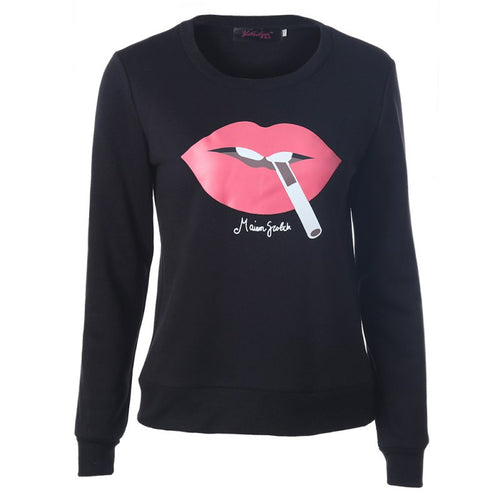 Plus  Women Sweatshirts Sexy Red Big Lips&Cigarette Printed Long-Sleeved Edge Pullovers Hoodies Sudaderas