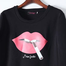 Plus  Women Sweatshirts Sexy Red Big Lips&Cigarette Printed Long-Sleeved Edge Pullovers Hoodies Sudaderas
