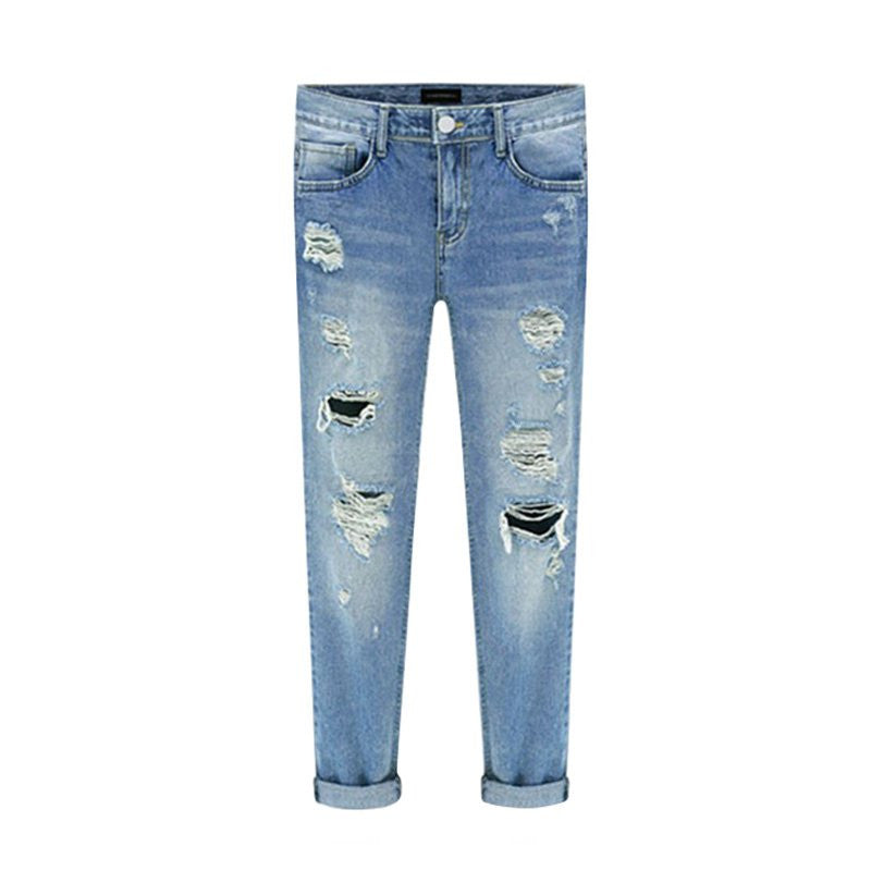 Women's Jeans Ripped Straight Full Length Famale Hole Mid Waist Jeans Pants Washed Cotton Pants L4