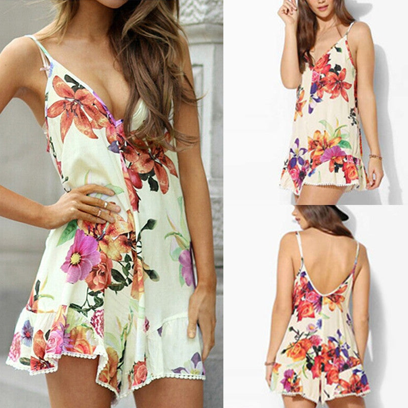 short cute dresses Sexy V-neck Backless flowers Print Dress Women's Casual Party Short Cu – Bling Bling Place