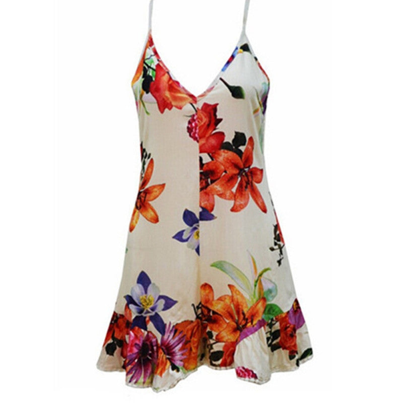 Sexy V-neck Backless flowers Print Dress Women's Casual Party Short Cu Bling Bling Place Sexy V-neck Backless flowers Print Dress Women's Casual Party Short Cu Bling Bling Place