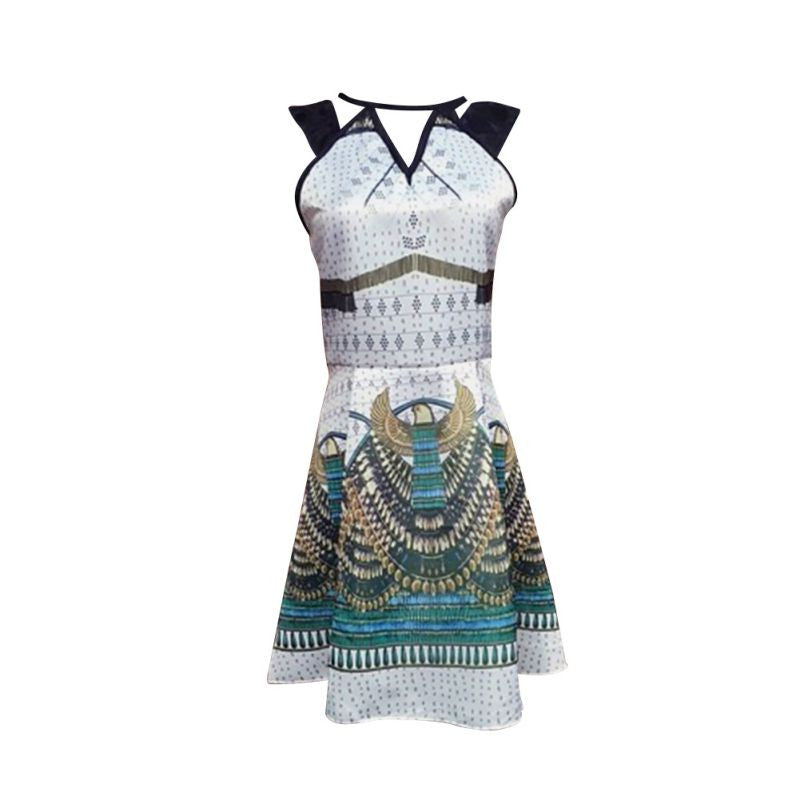 Women Chiffon Casual Dress Print Sleeveless Print Bodycon V Neck Elastic Waist Bohemian Beach Dresses
