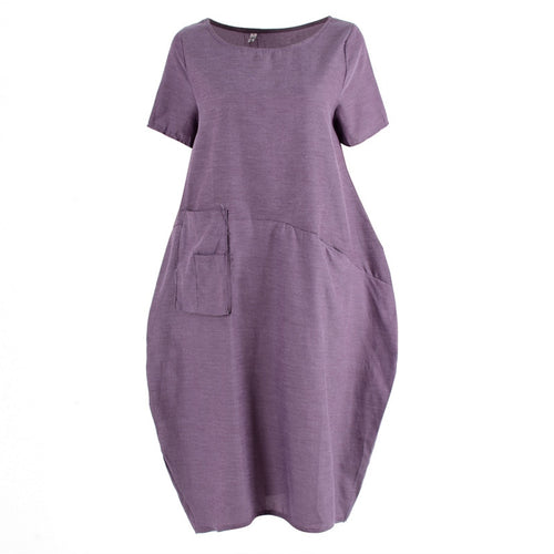 Women Casual Cotton Linen Long Dress Ethnic Short Sleeve Loose Dress