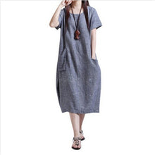 Women Casual Cotton Linen Long Dress Ethnic Short Sleeve Loose Dress