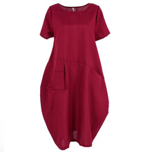Women Casual Cotton Linen Long Dress Ethnic Short Sleeve Loose Dress