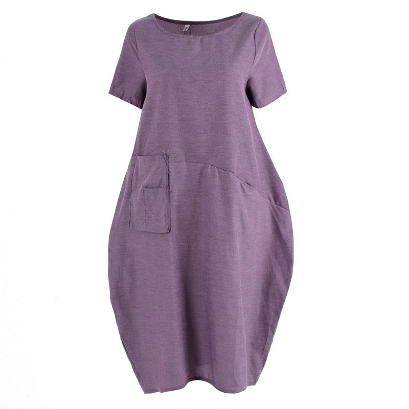 Women Casual Cotton Linen Long Dress Ethnic Short Sleeve Loose Dress