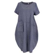 Women Casual Cotton Linen Long Dress Ethnic Short Sleeve Loose Dress
