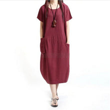 Women Casual Cotton Linen Long Dress Ethnic Short Sleeve Loose Dress