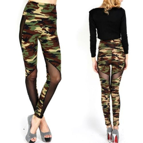 Women Sexy Mesh Camouflage Leggings High Waist Patchwork Stretchy Slim Army Camo Leggings Leggings