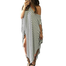 Women Dress Long Maxi Loose Dress Striped Batwing Sleeve Off shoulder Split Casual Beach Wear Plus  Vestidos