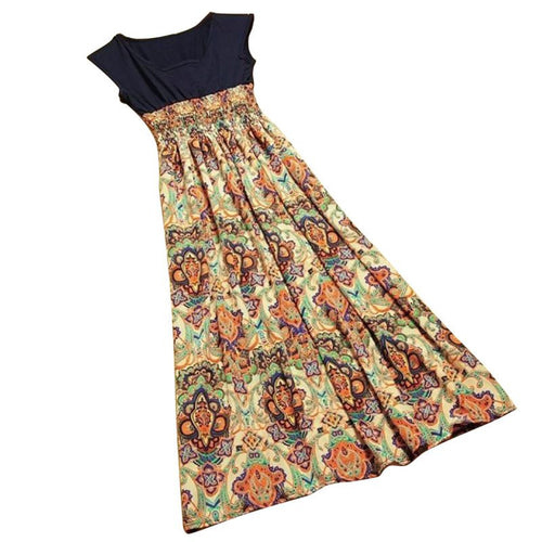 Women Vintage Bohemian Dress Casual Print Patchwork Long Style Beach Dresses