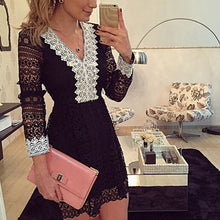 Women's V Neck Lace Long Sleeve Casual Party Cocktail Mini Dress