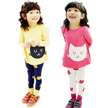 2pcs Baby Girls Cartoon Cat Long Sleeve Cotton Dress T Shirt+Pants Trousers 2-7Y