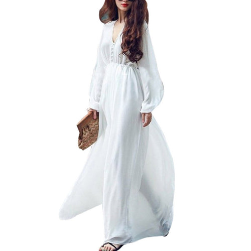Women White Boho Evening Party Long Maxi Beach Dress Chiffon Sundress