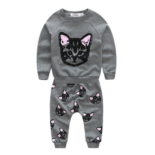 Kids Girls Boys Clothes Sets Cat Print Cartoon Cute Long Sleeve Cotton 2pcs Set Children's Casual Baby Suit Clothing