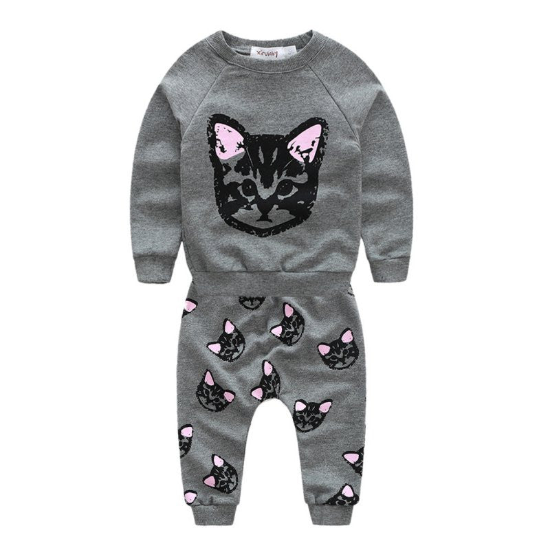 Kids Girls Boys Clothes Sets Cat Print Cartoon Cute Long Sleeve Cotton 2pcs Set Children's Casual Baby Suit Clothing