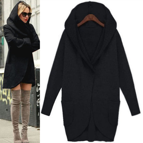Women Warm Ladies Casual Long Woolen Slim Hooded V-neck Coat Outwear